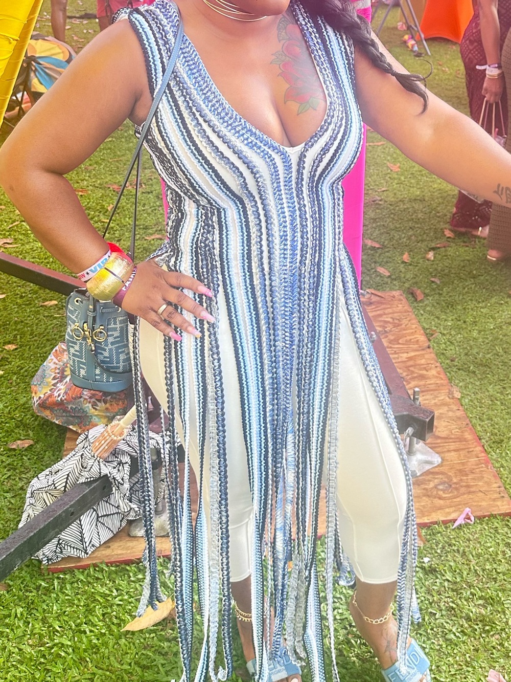 AKIRA Blue and White Asymmetrical Fringe Dress